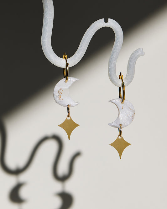 Crescent Moon Hoop Earrings in Marble with Brass Star