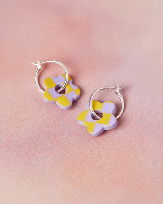 Checkerboard Flower Hoop Earrings in Lilac & Lemon