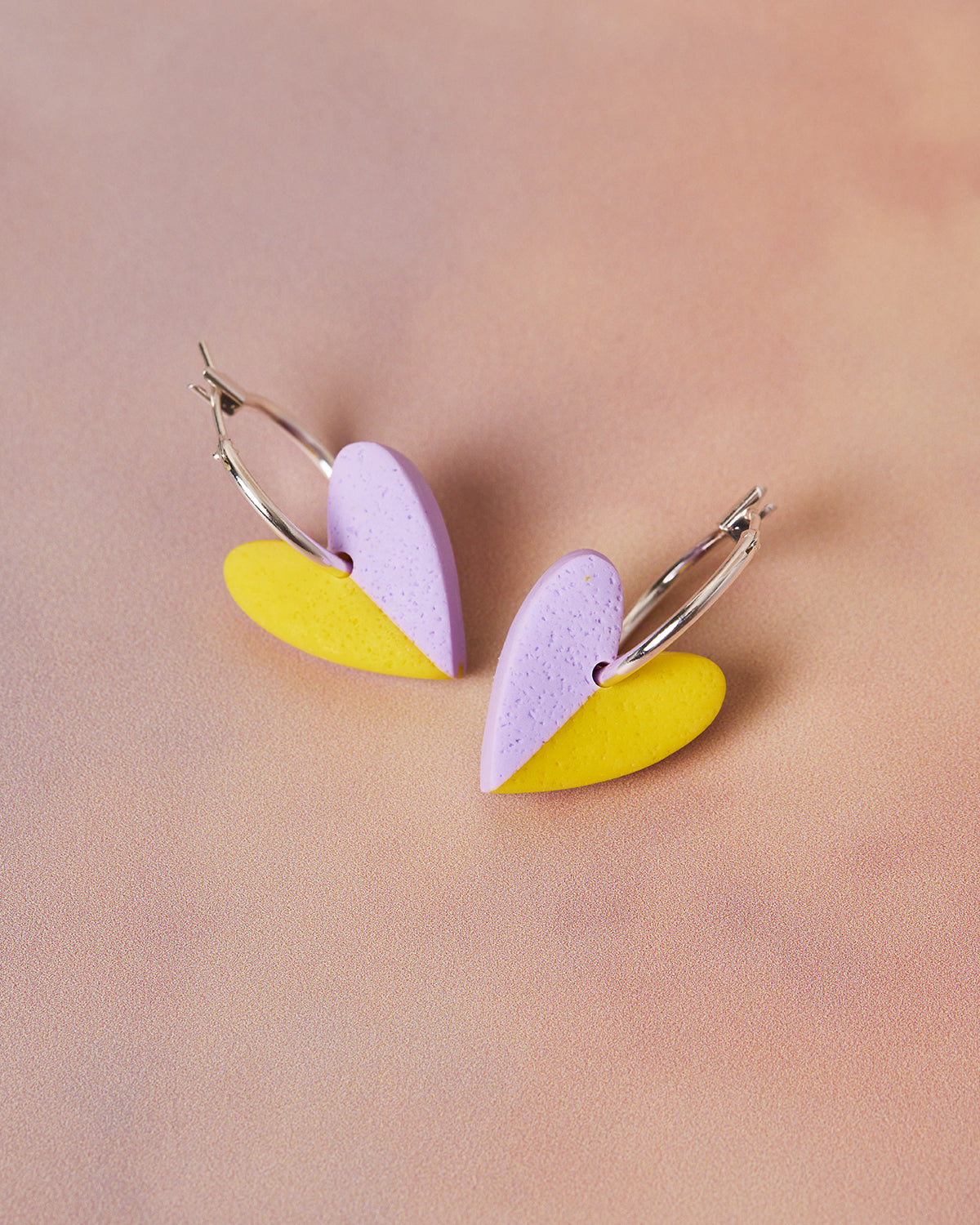 unique handmade heart silver hoop earrings yellow and purple
