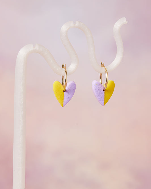 unique handmade heart hoop earrings yellow and purple