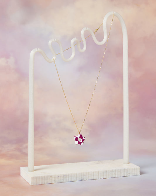Sterling Silver Gold Plated Checkerboard Flower Necklace in Berry