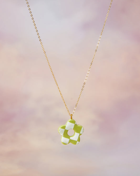 Sterling Silver Gold Plated Checkerboard Flower Necklace in Pistachio