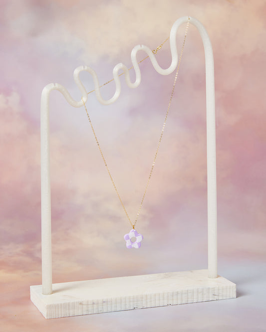 Sterling Silver Gold Plated Checkerboard Flower Necklace in Lilac