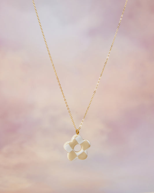 Sterling Silver Gold Plated Checkerboard Flower Necklace in Beige