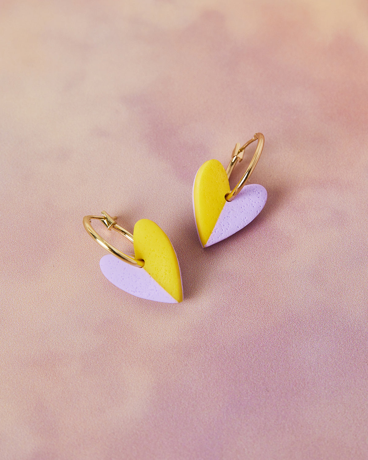 unique handmade heart hoop earrings yellow and purple