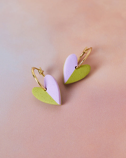 purple and green heart earrings