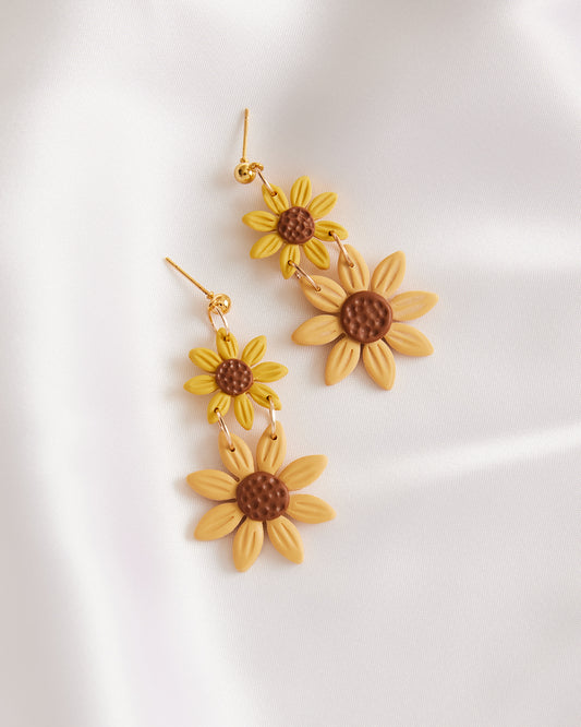 Double Sunflower Two-Tone Drop Earrings - JulyMoon Jewellery