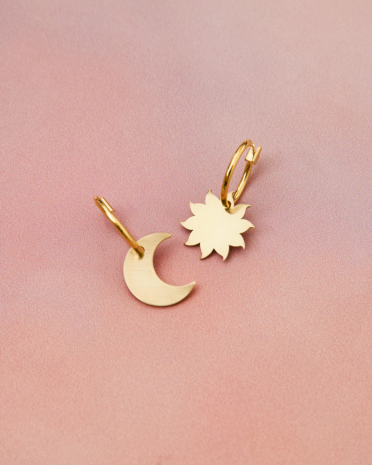 Matching Raw Brass Gold Sun & Moon Earrings & Necklace Gift Set
