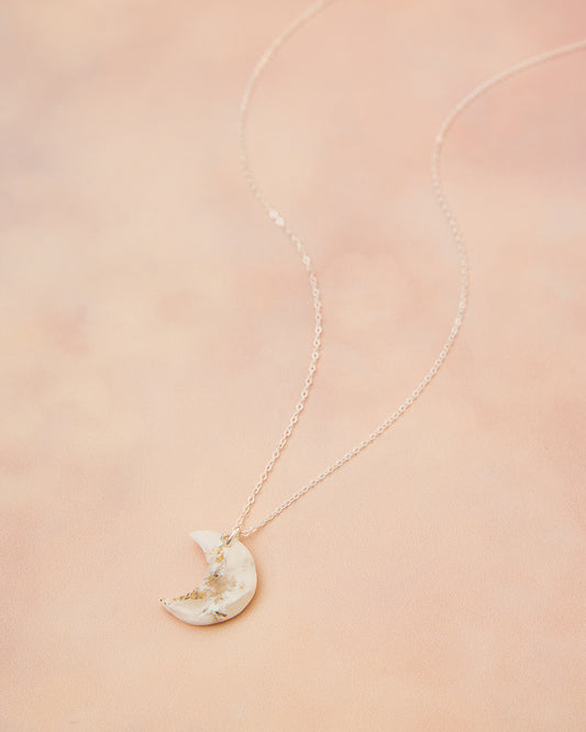 Sterling Silver Marble Crescent Moon Necklace