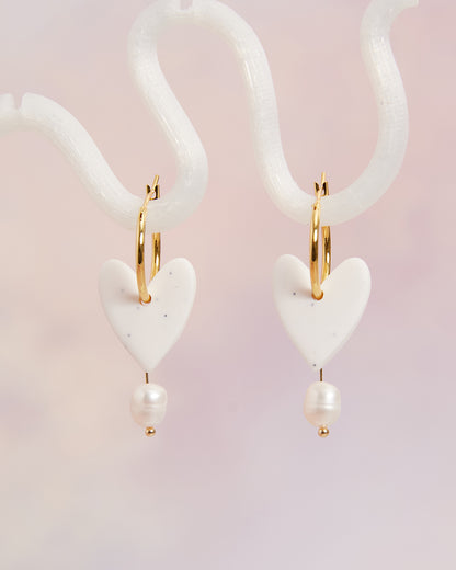 White Speckled Heart Pearl Hoop Earrings